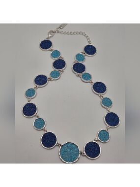 Blue Druzy Quartz Necklace Silver Tone Signed SUNG 16" +3"